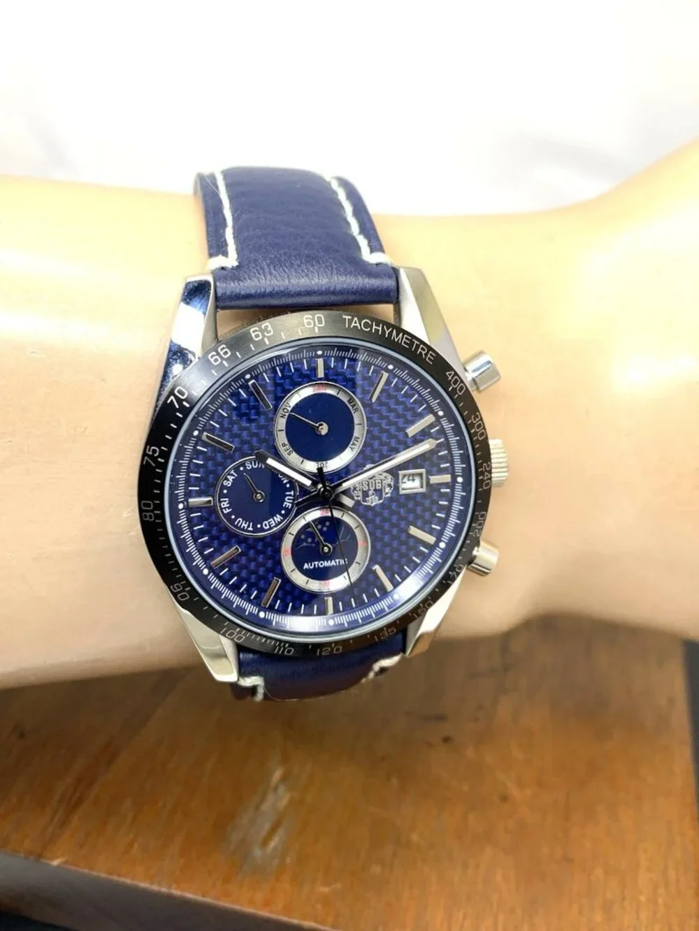 SUG Men's Watch Automatic Chronograph Blue Dial Day Night Leather Strap 40mm
